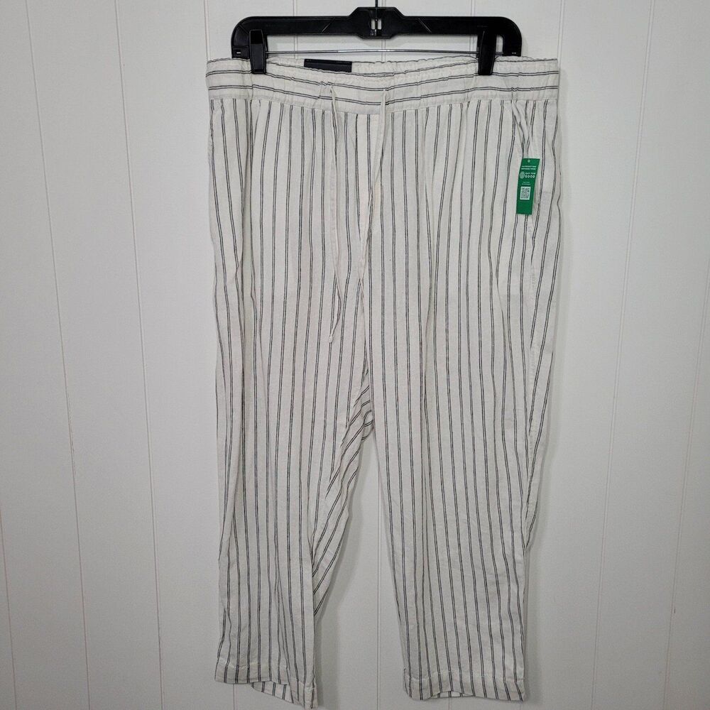 Gap Linen Blend Pants Women Large Petite Elastic Waist Black White Striped New